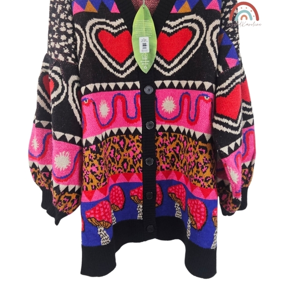 New! FARM Rio Graphic Elements Ainika Cardigan Mushroom Leopard Wool Sweater - Picture 9 of 16